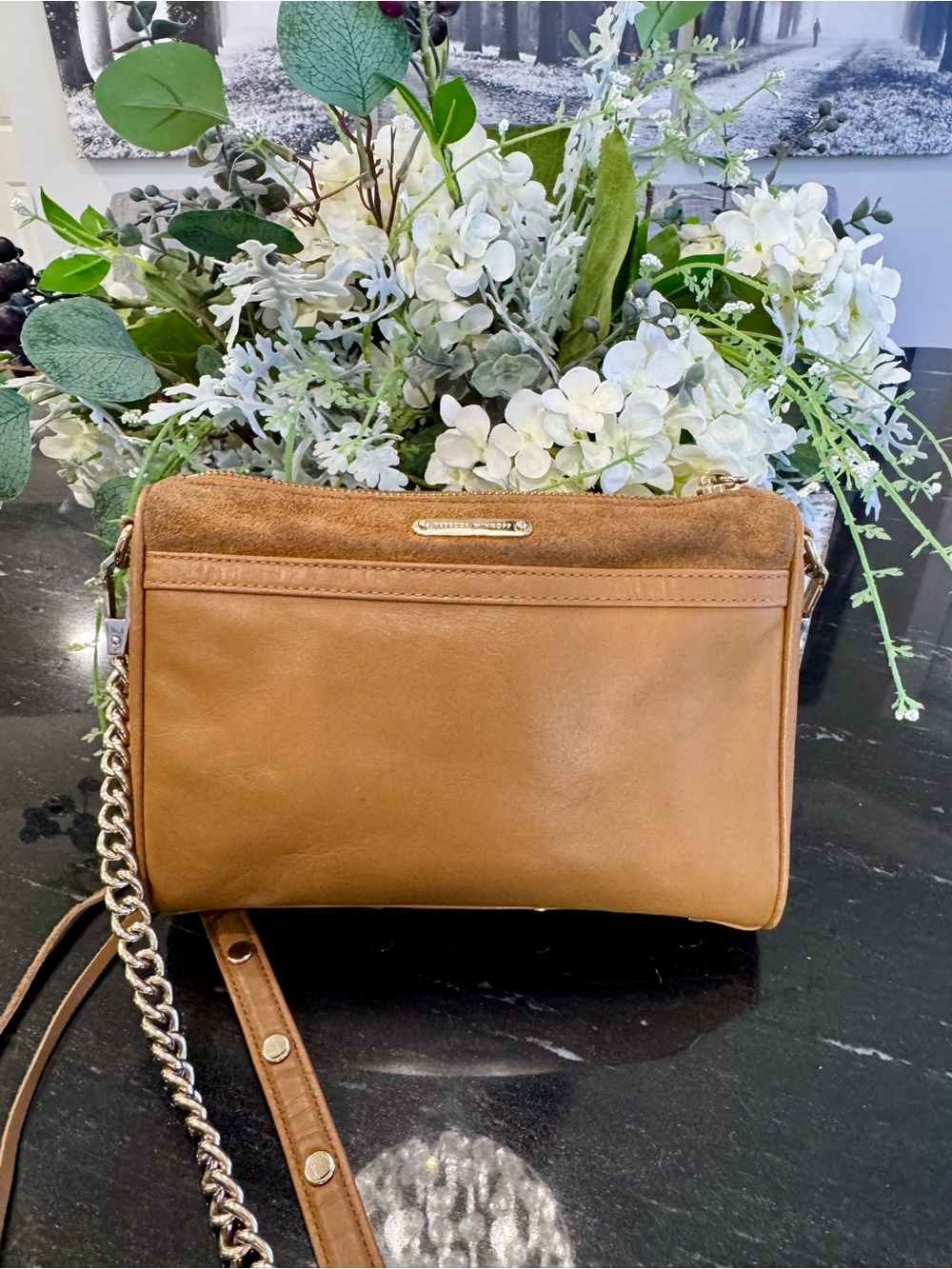 🤎Rebecca Minkoff Mini MAC Cognac Suede Leather Crossbody Bag Chain Strap - Picture 3 of 12